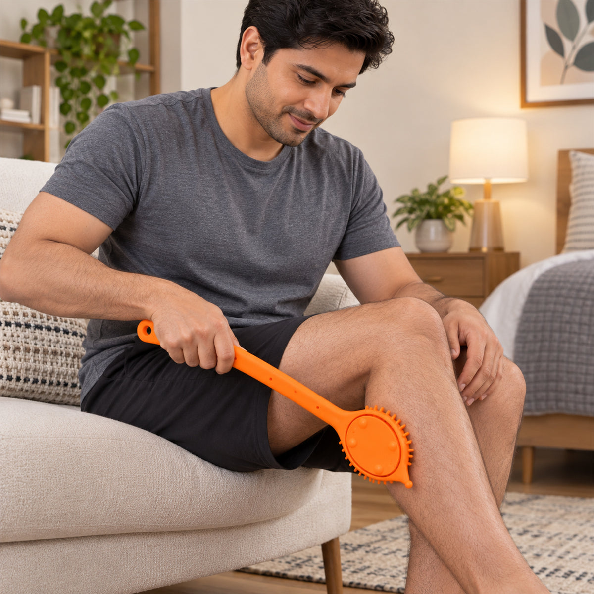 Close-up of the textured silicone nubs on the long handle silicone back scrubber.