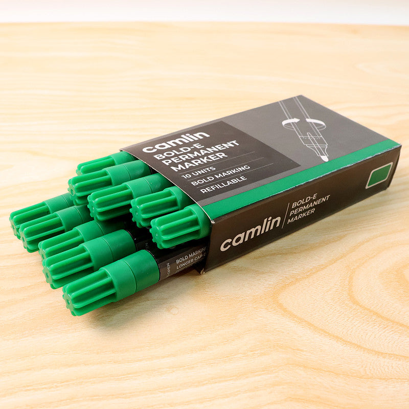 Camlin Bold-E Permanent Marker – Green Colour, Bold & Long-Lasting Ink, Refillable Permanent Markers for Multi-Surfaces – Pack of 10