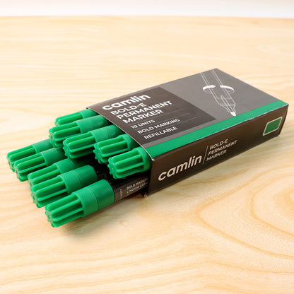 Camlin Bold-E Permanent Marker – Green Colour, Bold & Long-Lasting Ink, Refillable Permanent Markers for Multi-Surfaces – Pack of 10