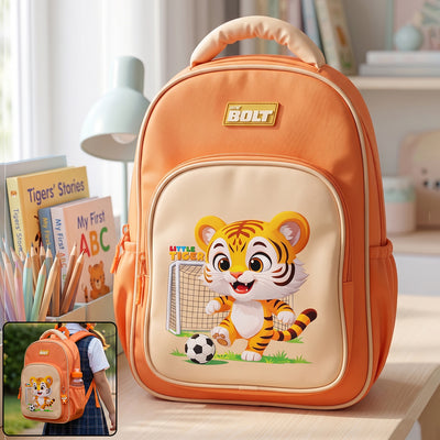 Orange and beige backpack featuring a cartoon tiger playing soccer, with a smaller inset showing a child wearing it.