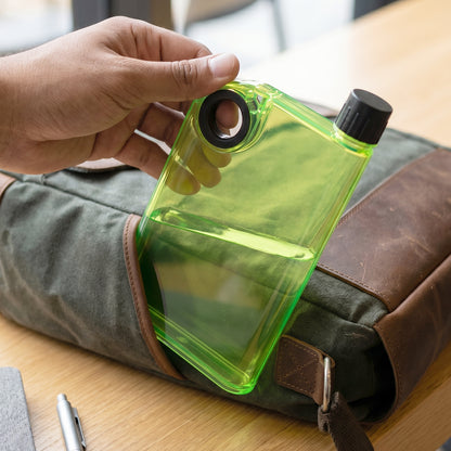 Green lightweight reusable water bottle with screw cap and pocket-friendly design