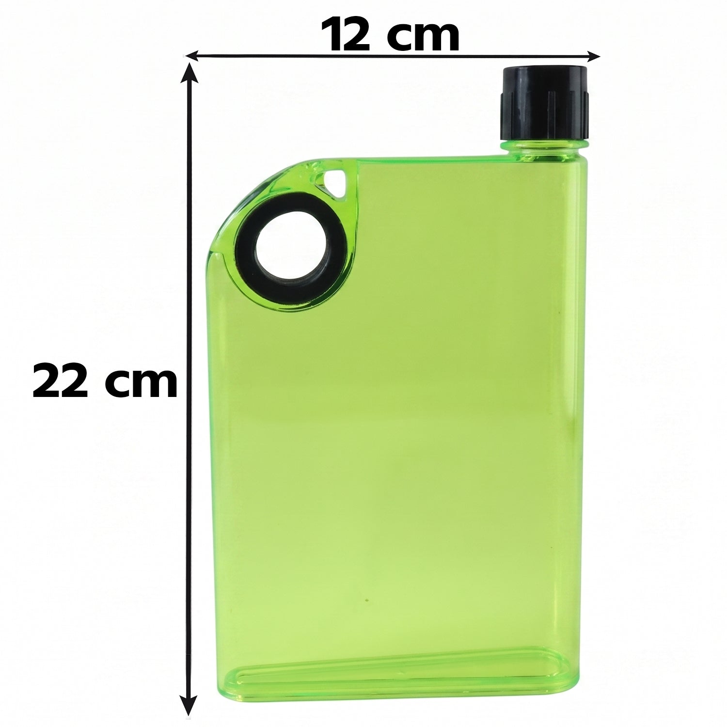 Travel-ready green notebook-shaped water bottle fitting easily into bags