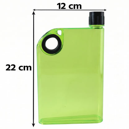 Travel-ready green notebook-shaped water bottle fitting easily into bags