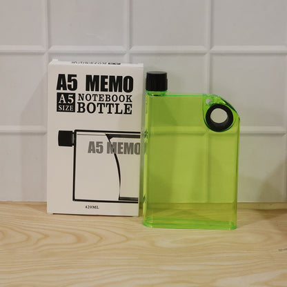 Detailed shot of green flat plastic water bottle with easy-to-carry design