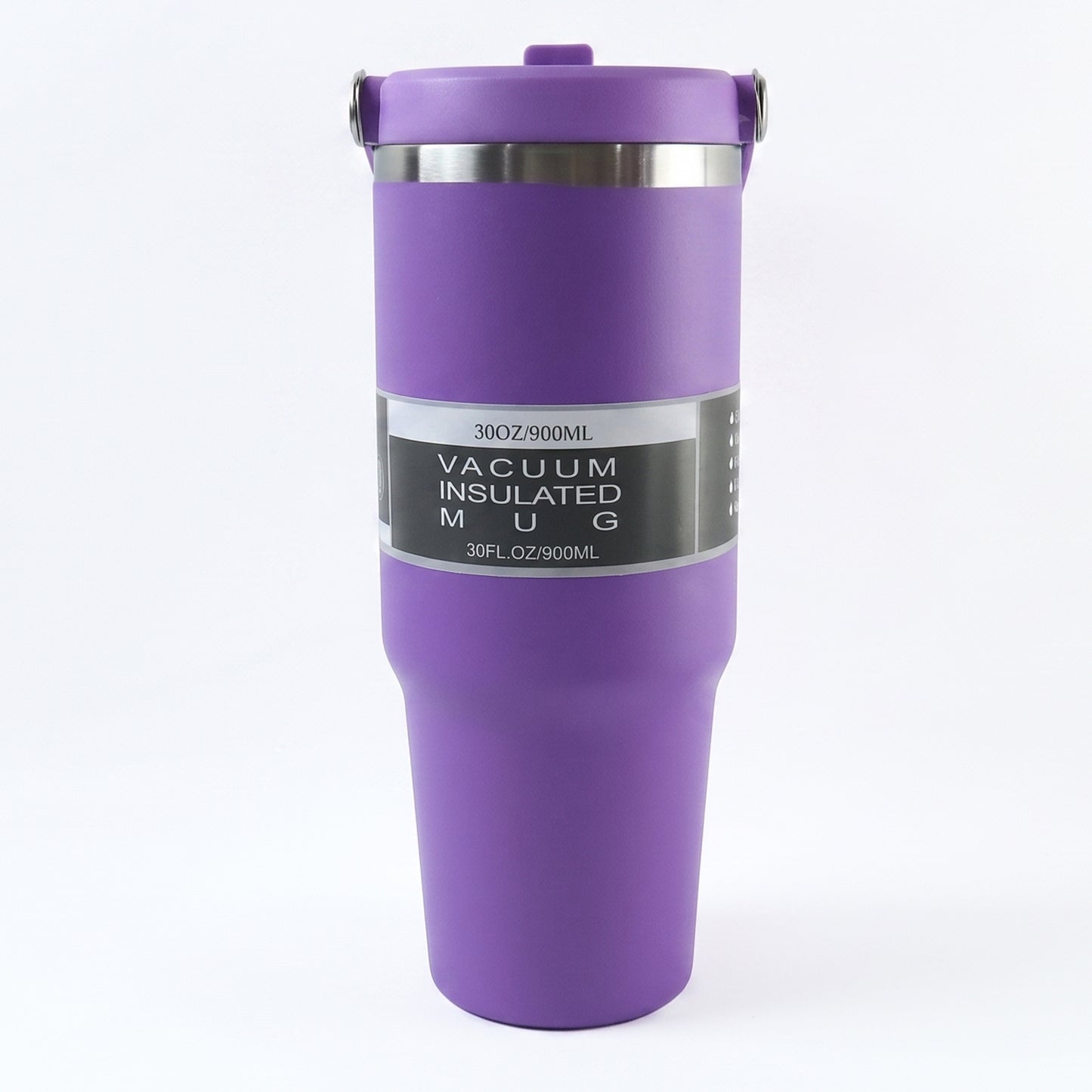 Ergonomic handle on stainless steel vacuum insulated mug