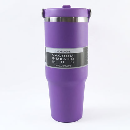 Ergonomic handle on stainless steel vacuum insulated mug