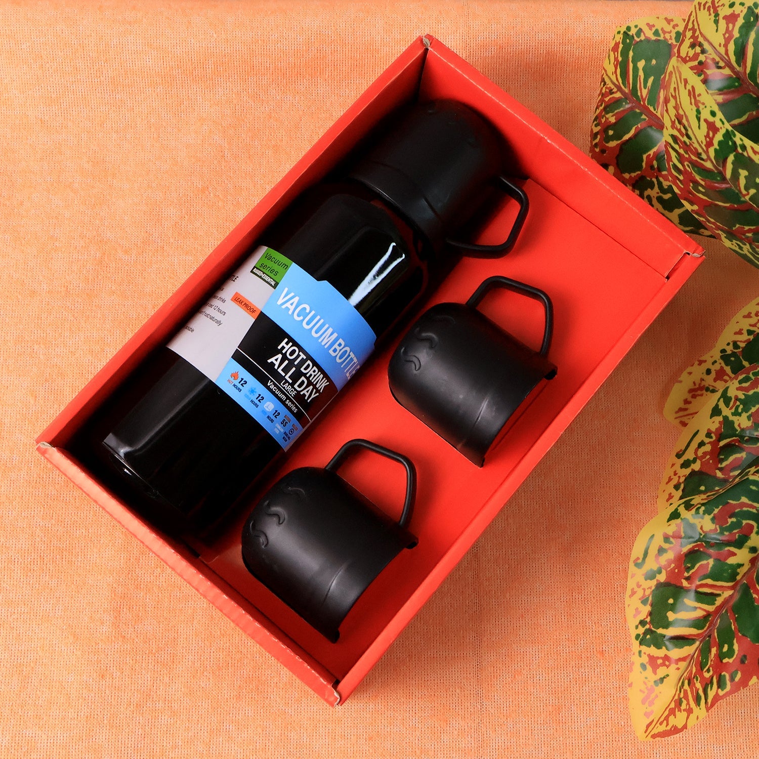 Black Vacuum Flask Set – Stainless Steel Thermos with 3 Cups, Approx 500ml