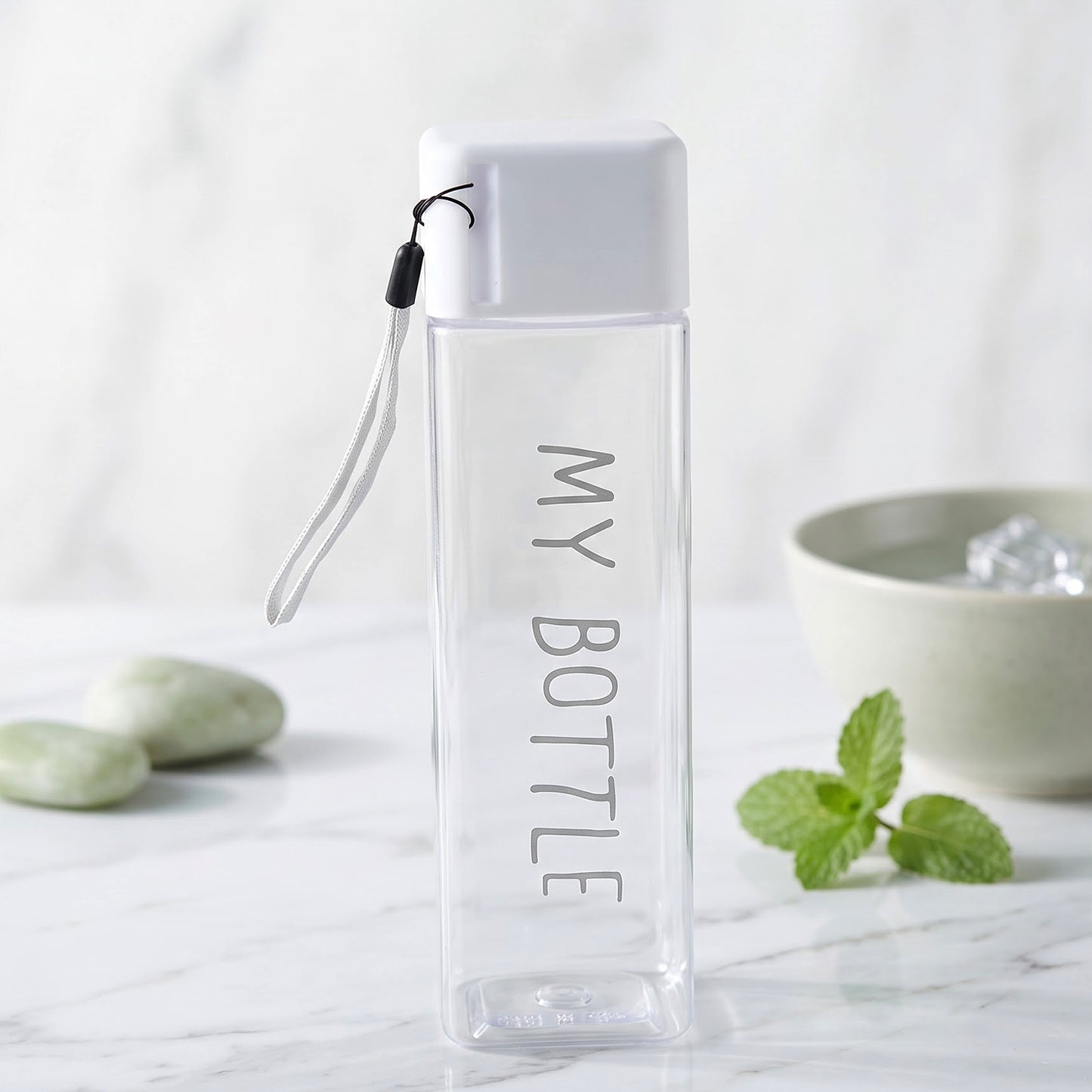 Square Plastic Water Bottle 450 ML Transparent with Wrist Strap (1 Pc)