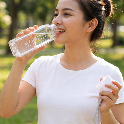 Square Plastic Water Bottle 450 ML Transparent with Wrist Strap (1 Pc)