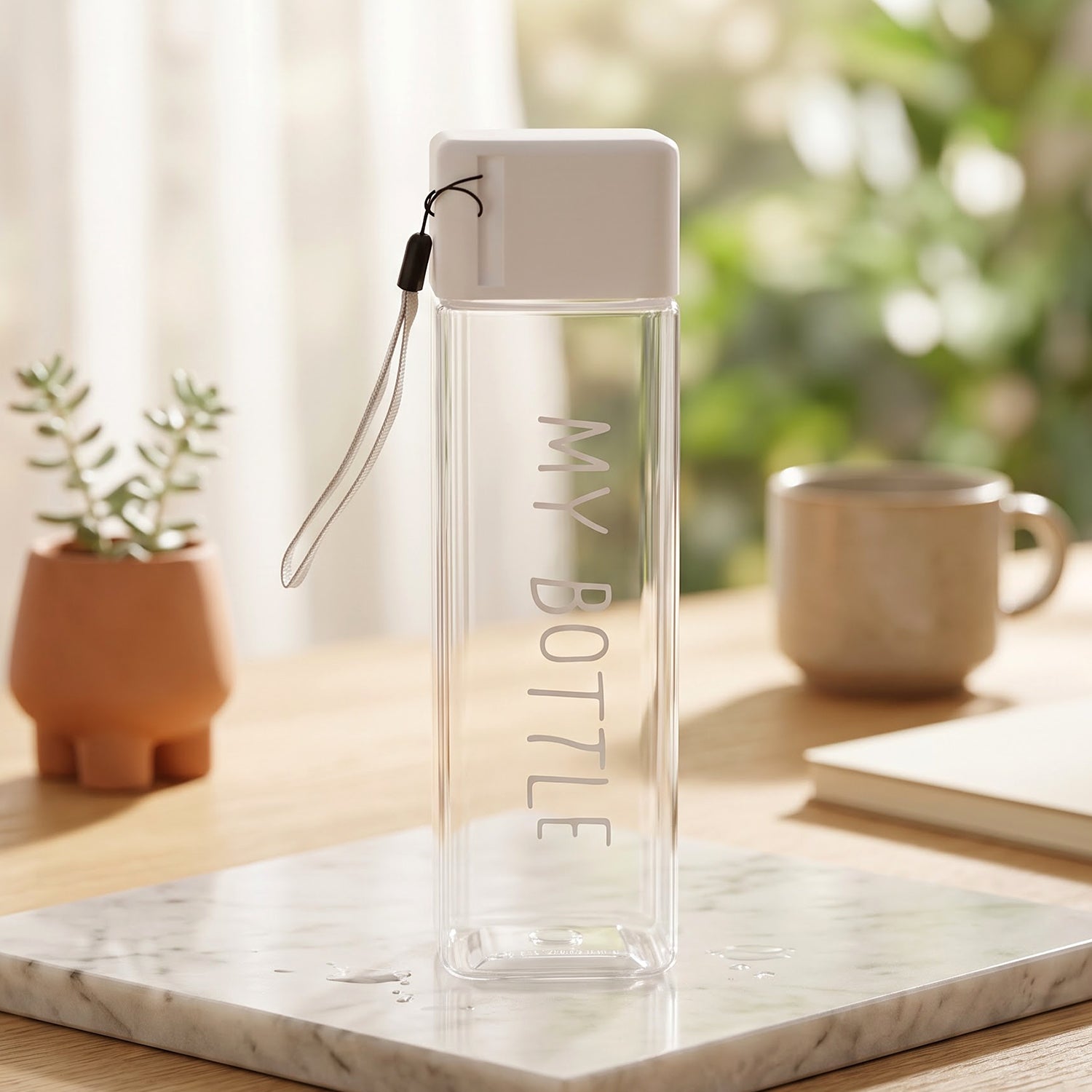 Square Plastic Water Bottle 450 ML Transparent with Wrist Strap (1 Pc)