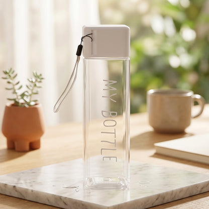 Square Plastic Water Bottle 450 ML Transparent with Wrist Strap (1 Pc)
