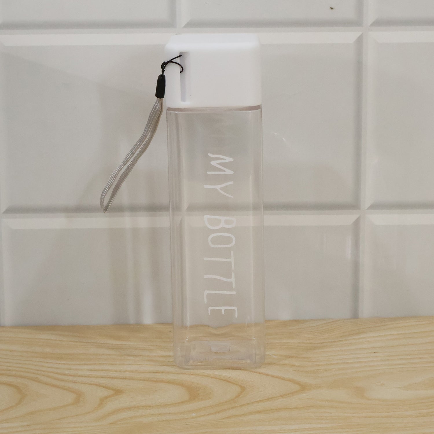 Square Plastic Water Bottle 450 ML Transparent with Wrist Strap (1 Pc)