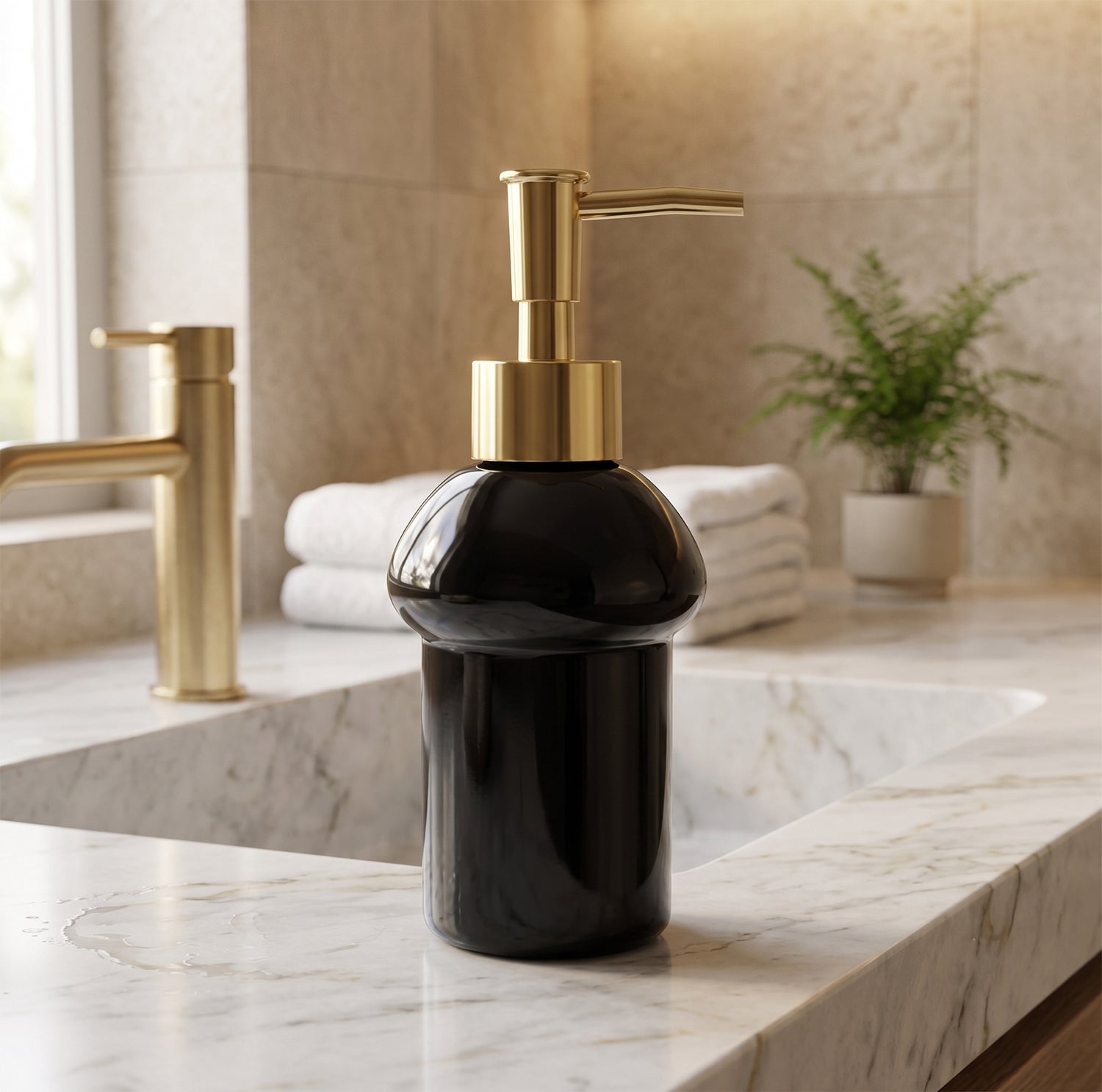 Black Glass Liquid Soap Dispenser Bottle with Gold Pump Refillable (1 Pc)