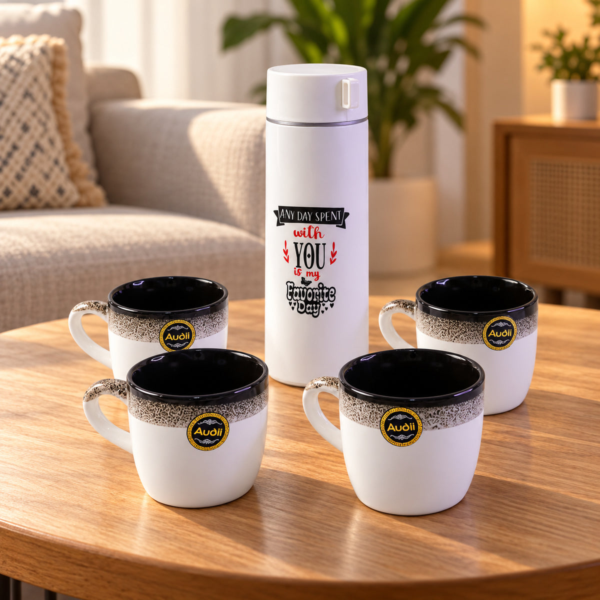 Bottle and Mug Gift Set, 1 Flask Bottle with 4 Tea Coffee Mugs (5 Pc Set)