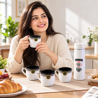 Bottle and Mug Gift Set, 1 Flask Bottle with 4 Tea Coffee Mugs (5 Pc Set)
