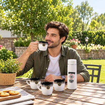 Bottle and Mug Gift Set, 1 Flask Bottle with 4 Tea Coffee Mugs (5 Pc Set)
