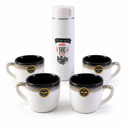 Bottle and Mug Gift Set, 1 Flask Bottle with 4 Tea Coffee Mugs (5 Pc Set)