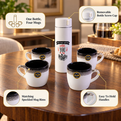 Bottle and Mug Gift Set, 1 Flask Bottle with 4 Tea Coffee Mugs (5 Pc Set)