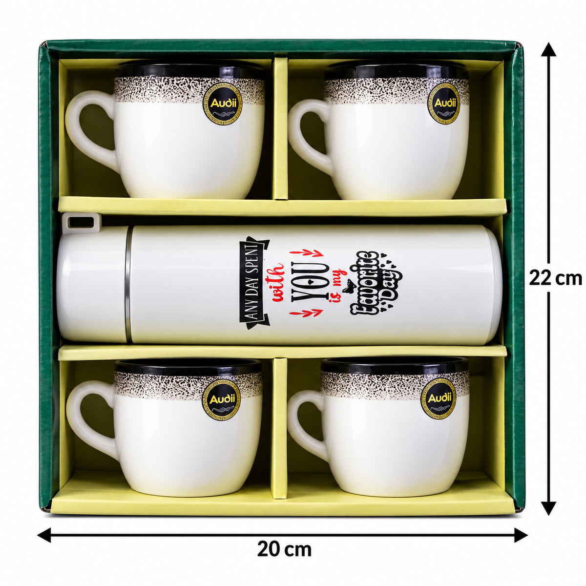 Bottle and Mug Gift Set, 1 Flask Bottle with 4 Tea Coffee Mugs (5 Pc Set)