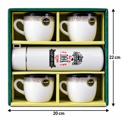 Bottle and Mug Gift Set, 1 Flask Bottle with 4 Tea Coffee Mugs (5 Pc Set)