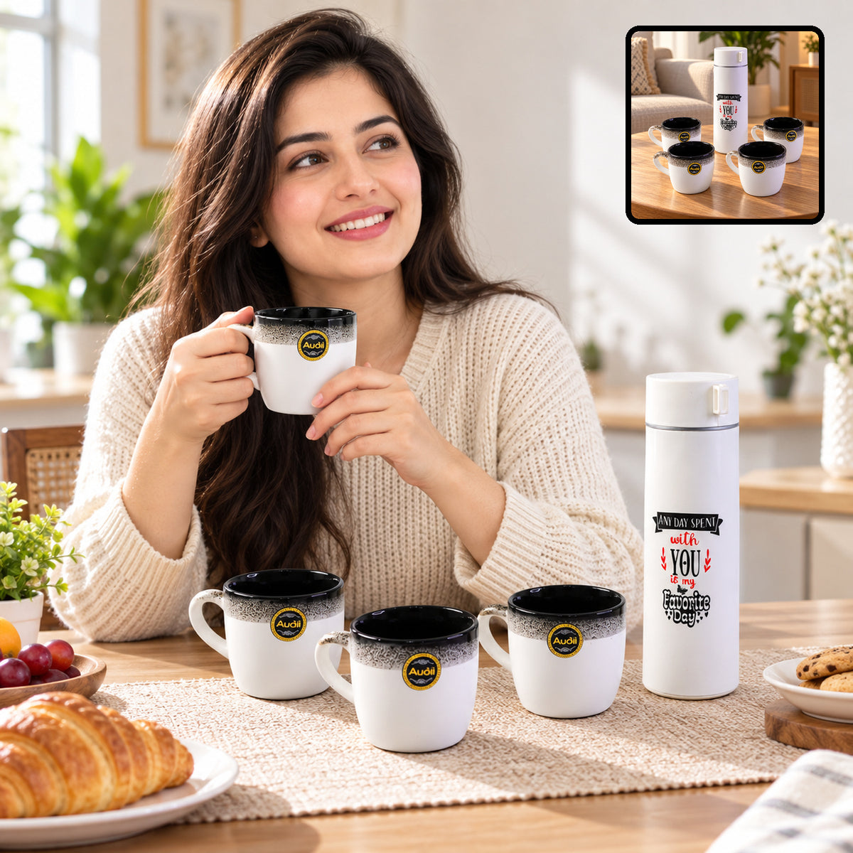 Bottle and Mug Gift Set, 1 Flask Bottle with 4 Tea Coffee Mugs (5 Pc Set)