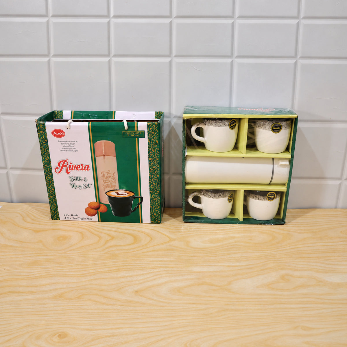 Bottle and Mug Gift Set, 1 Flask Bottle with 4 Tea Coffee Mugs (5 Pc Set)