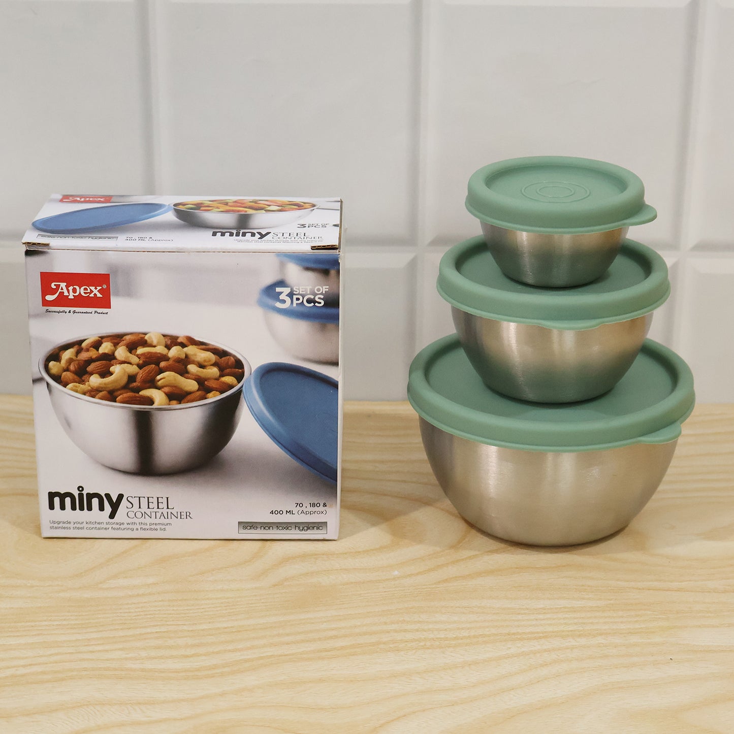 Apex Miny Steel Container Set Mixing Bowls with Lids for Kitchen (3 Pc Set)