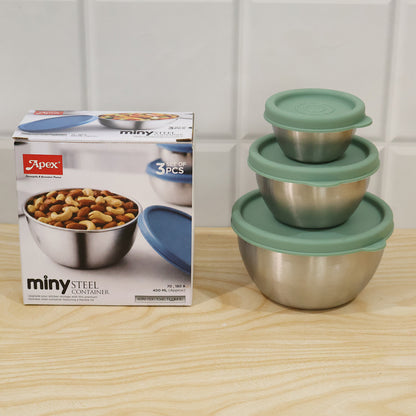 Apex Miny Steel Container Set Mixing Bowls with Lids for Kitchen (3 Pc Set)