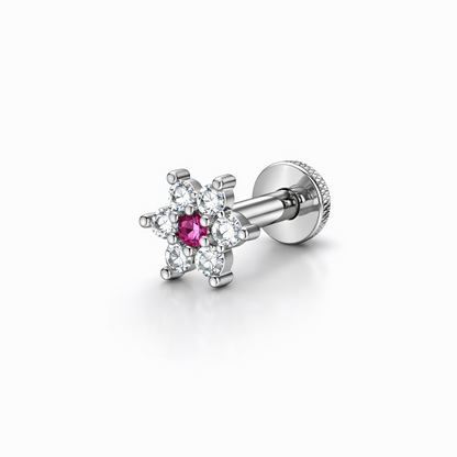 Side view of silver plated pink flower nose stud with crystal embellishments