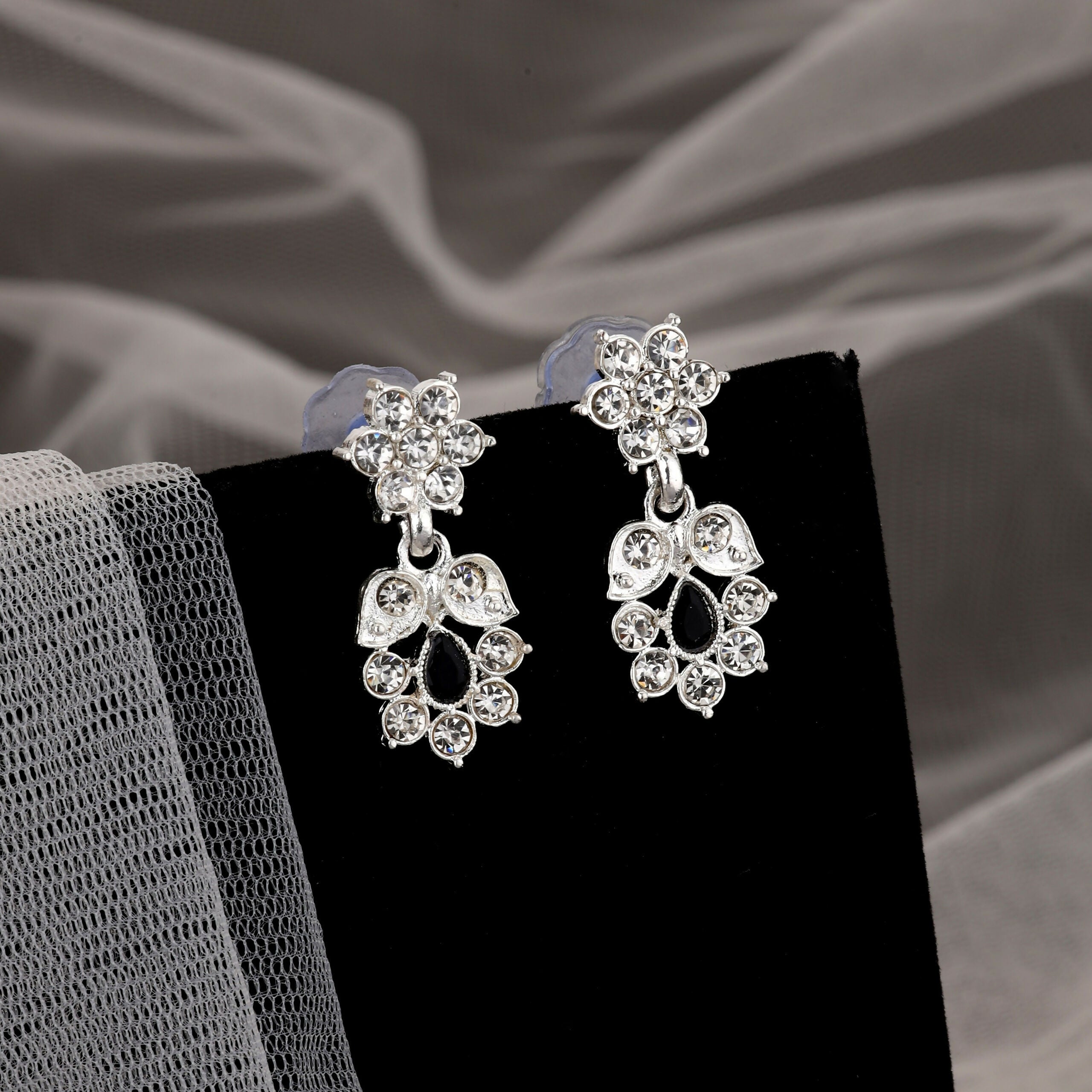 American Diamond Necklace Set – Elegant Silver-Toned Black Stone Jewellery