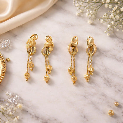 Chic Gold Chain Drop Earrings with Triple Hanging Beads and Sculpted Top Deign (2 Pair)