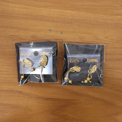 Vintage Inspired Geometric Gold Drop Earrings with Triple Bead Chain Drops (2 Pair)