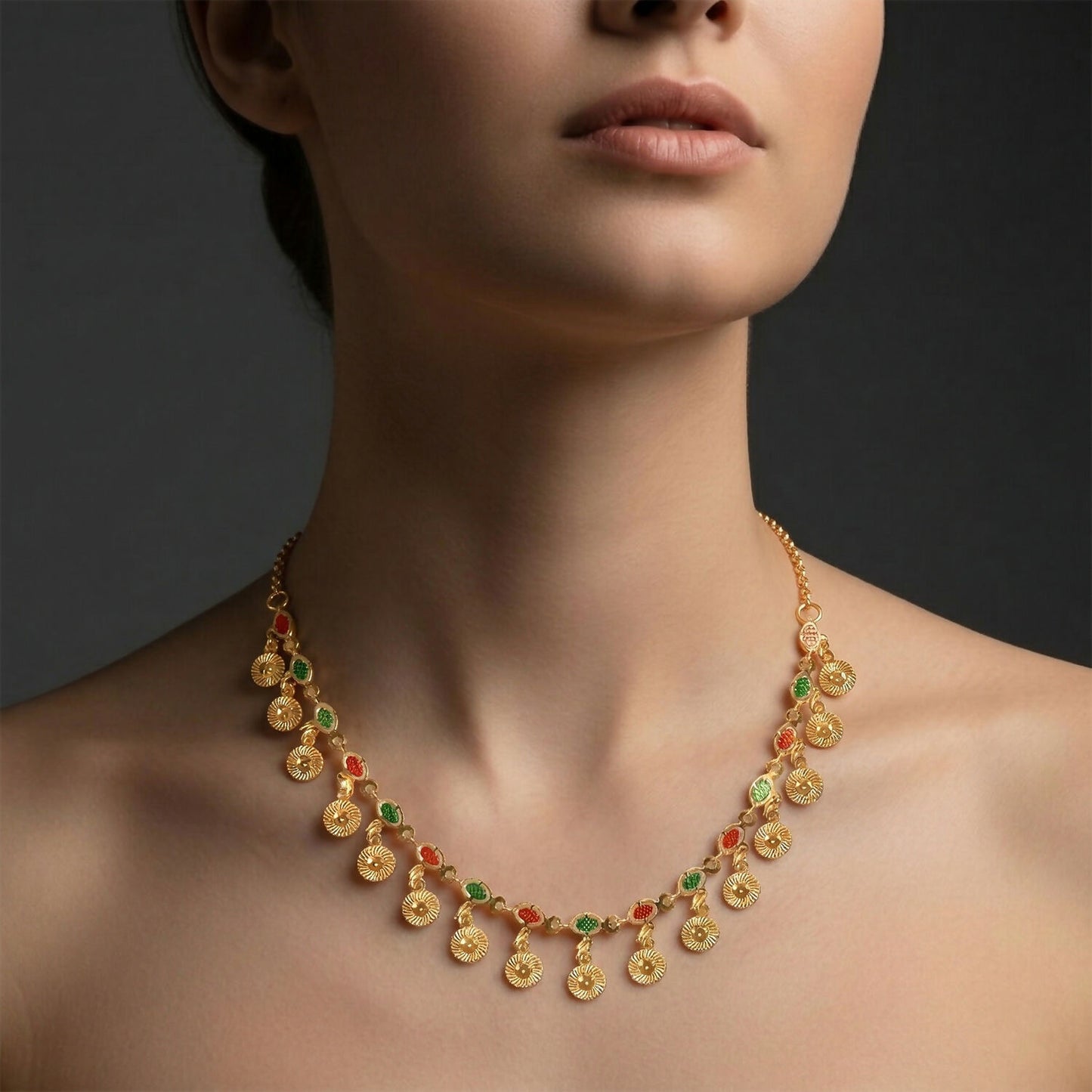 Traditional Gold Charm Necklace with Multicolor Stone Drops