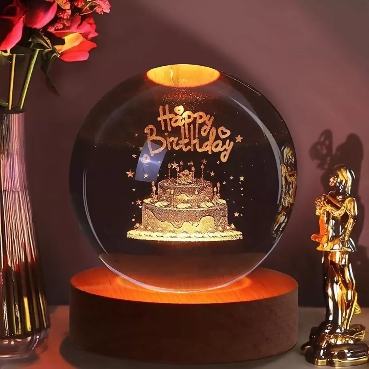 3D Happy Birthday crystal ball LED night lamp with wooden base
