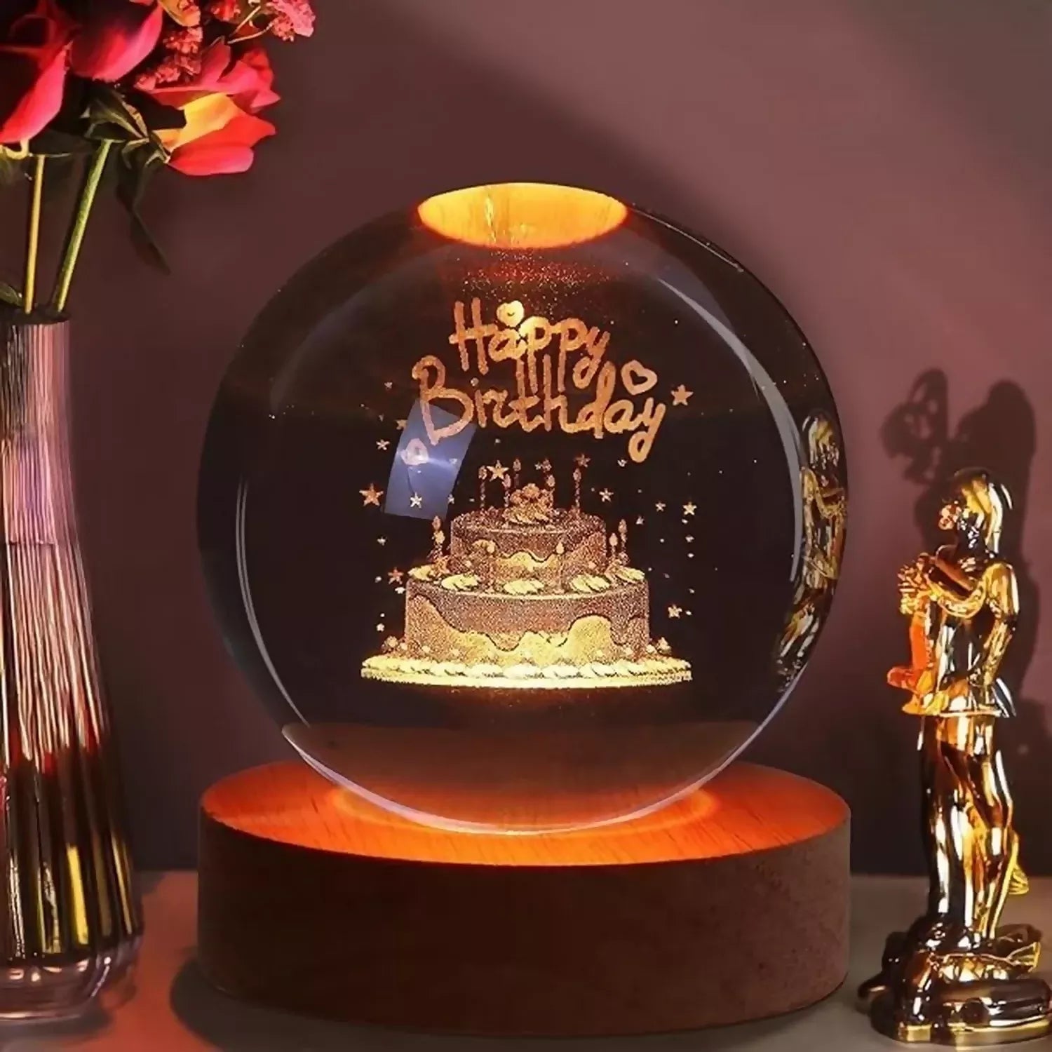 3D Happy Birthday crystal ball LED night lamp with wooden base