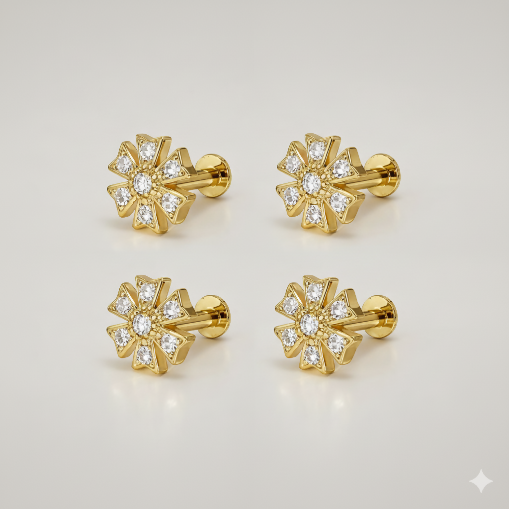 White gold flower diamond flat back stud earrings in combo pack