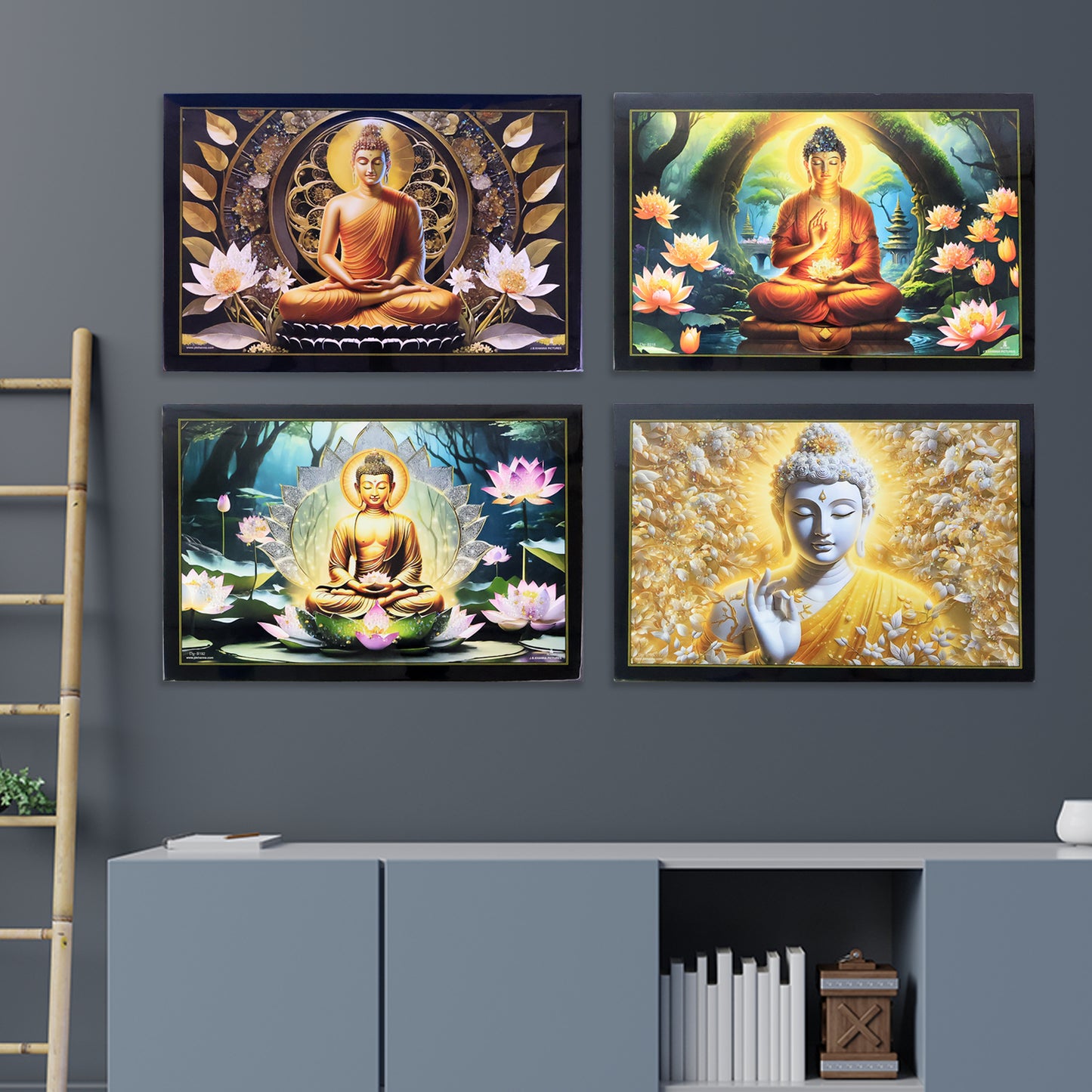 Decorative Lord Buddha Wall Painting with Wooden Frame Mix Design, 45x30 Cm Approx (1 Pc)
