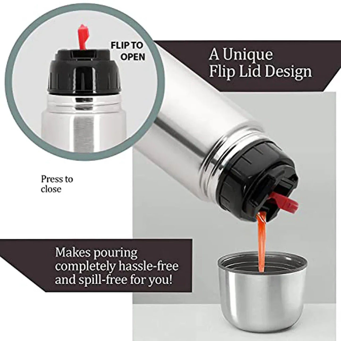 Stainless steel insulated water bottle showing push-button lid