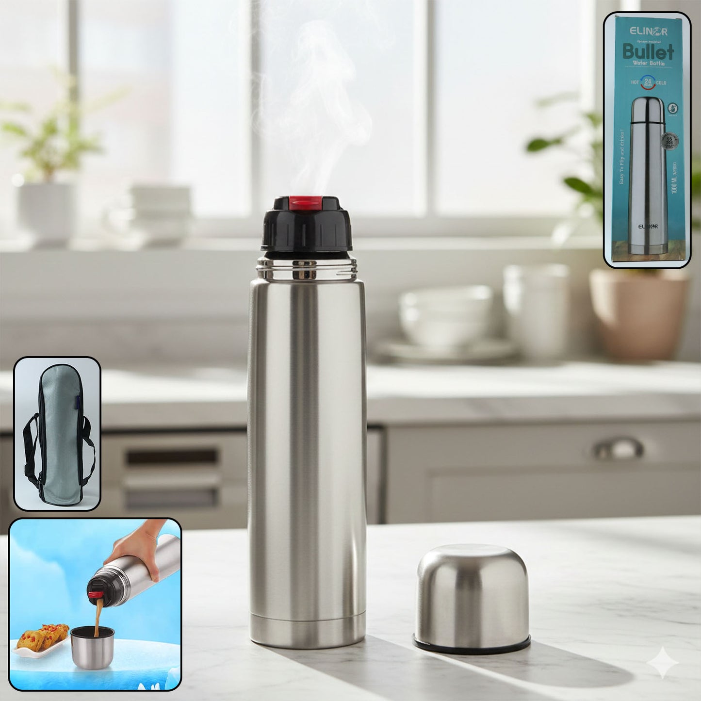 Bullet style stainless steel vacuum insulated water bottle with push-button lid
