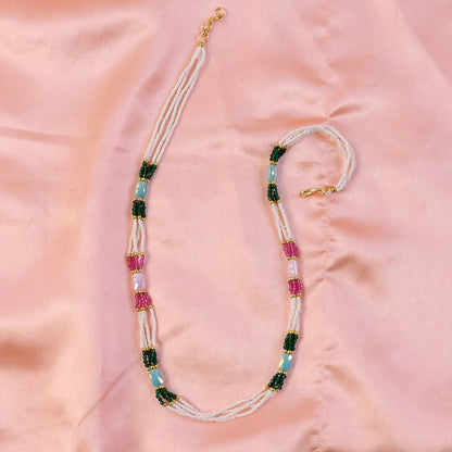 Detailed view of layered handmade mala necklace