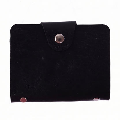 Elegant black card holder wallet with secure button closure.
