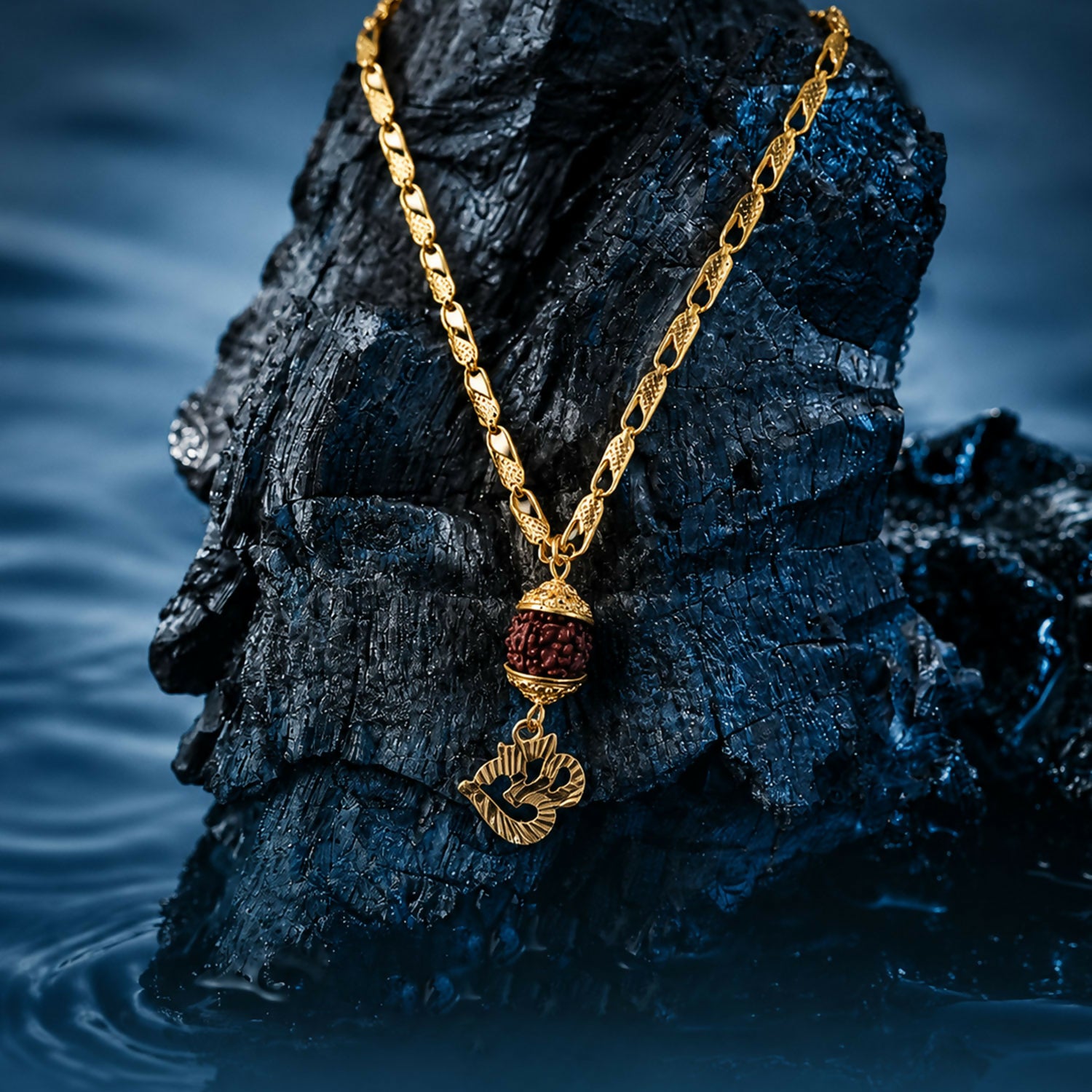 Elegant gold-tone Rudraksha Om pendant necklace with intricate craftsmanship
