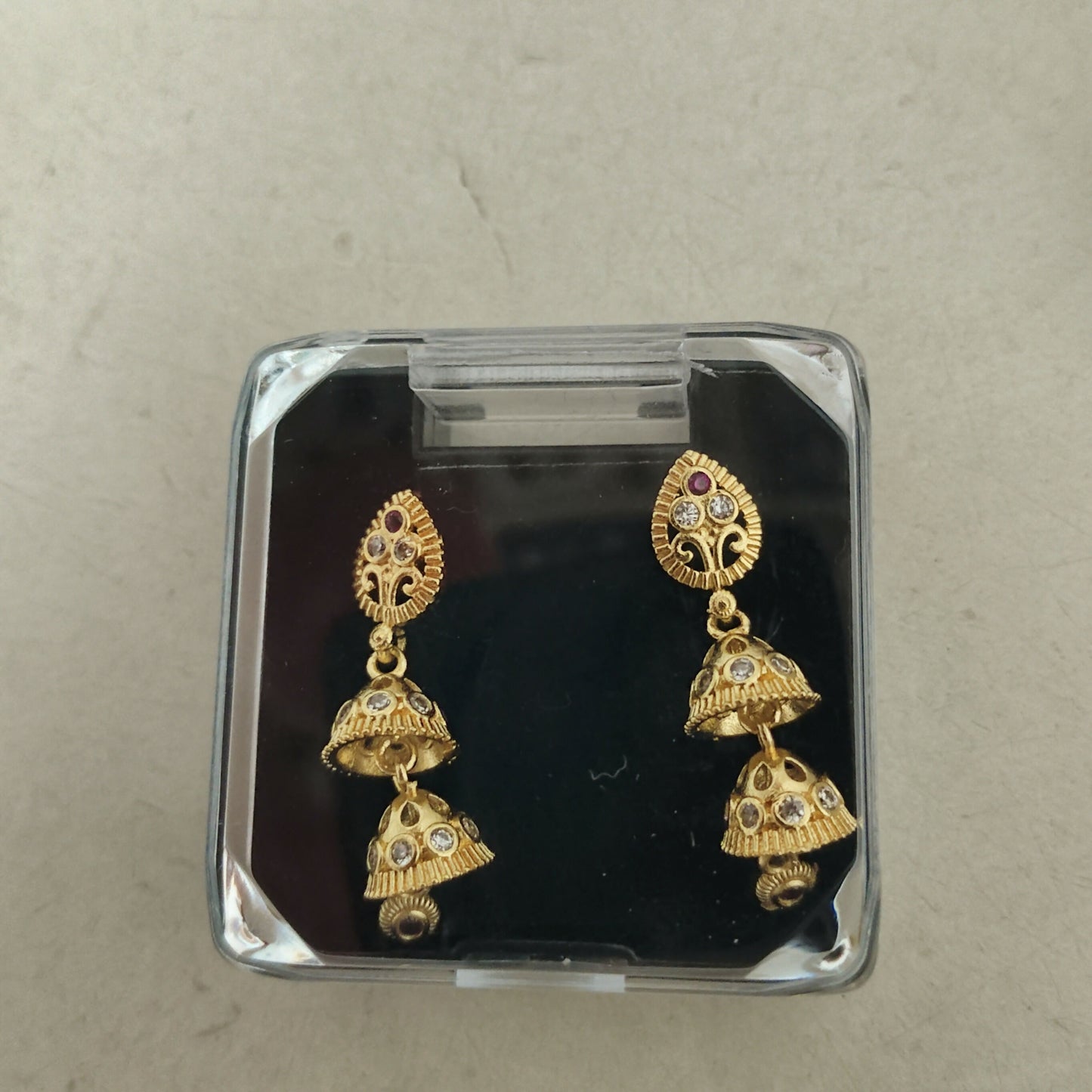 Exquisite Gold-Plated Double Layer Jhumka Earrings with Ruby and Stone Accents