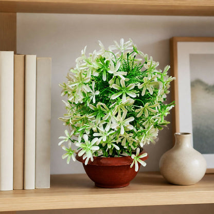 Artificial White Flower Plant with Brown Bowl Pot Green Leaves Home Office Decor