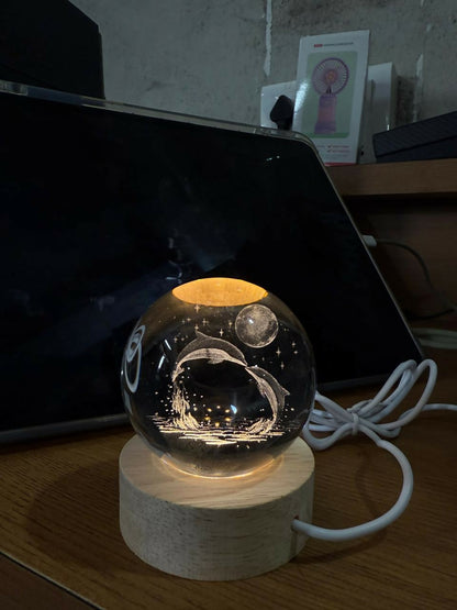 3D Dolphin Crystal Ball Night Lamp with Wooden Base Decorative Light