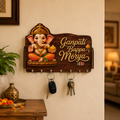 Ganpati Bappa Morya Wooden Key Holder | Decorative Wall Key Organizer