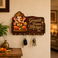 Ganpati Bappa Morya Wooden Key Holder | Decorative Wall Key Organizer