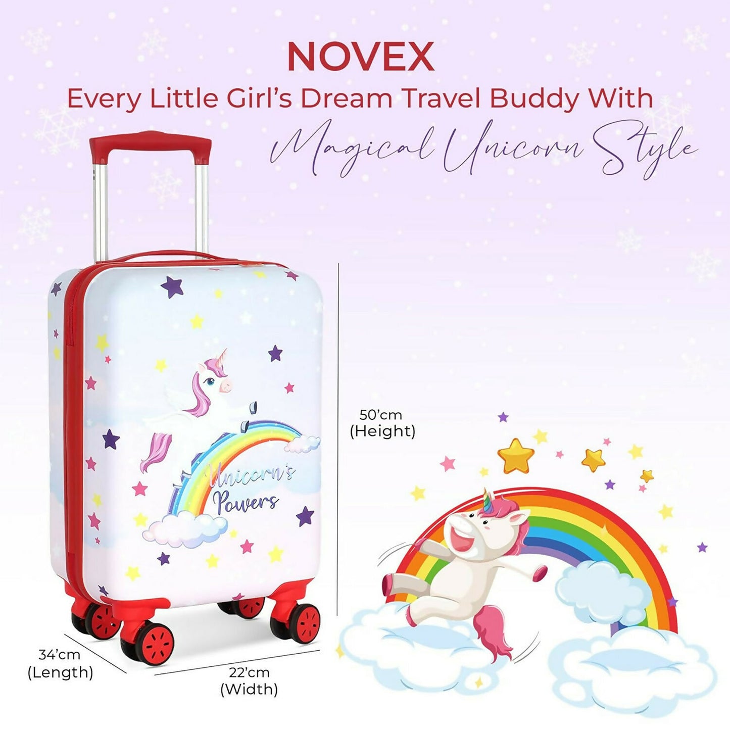 Interior compartments of Novex unicorn rainbow kids trolley bag for organized packing