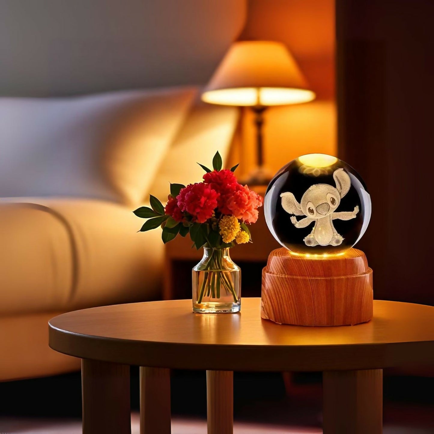3D Crystal Cartoon Character Night Lamp with Wooden Base, USB Powered
