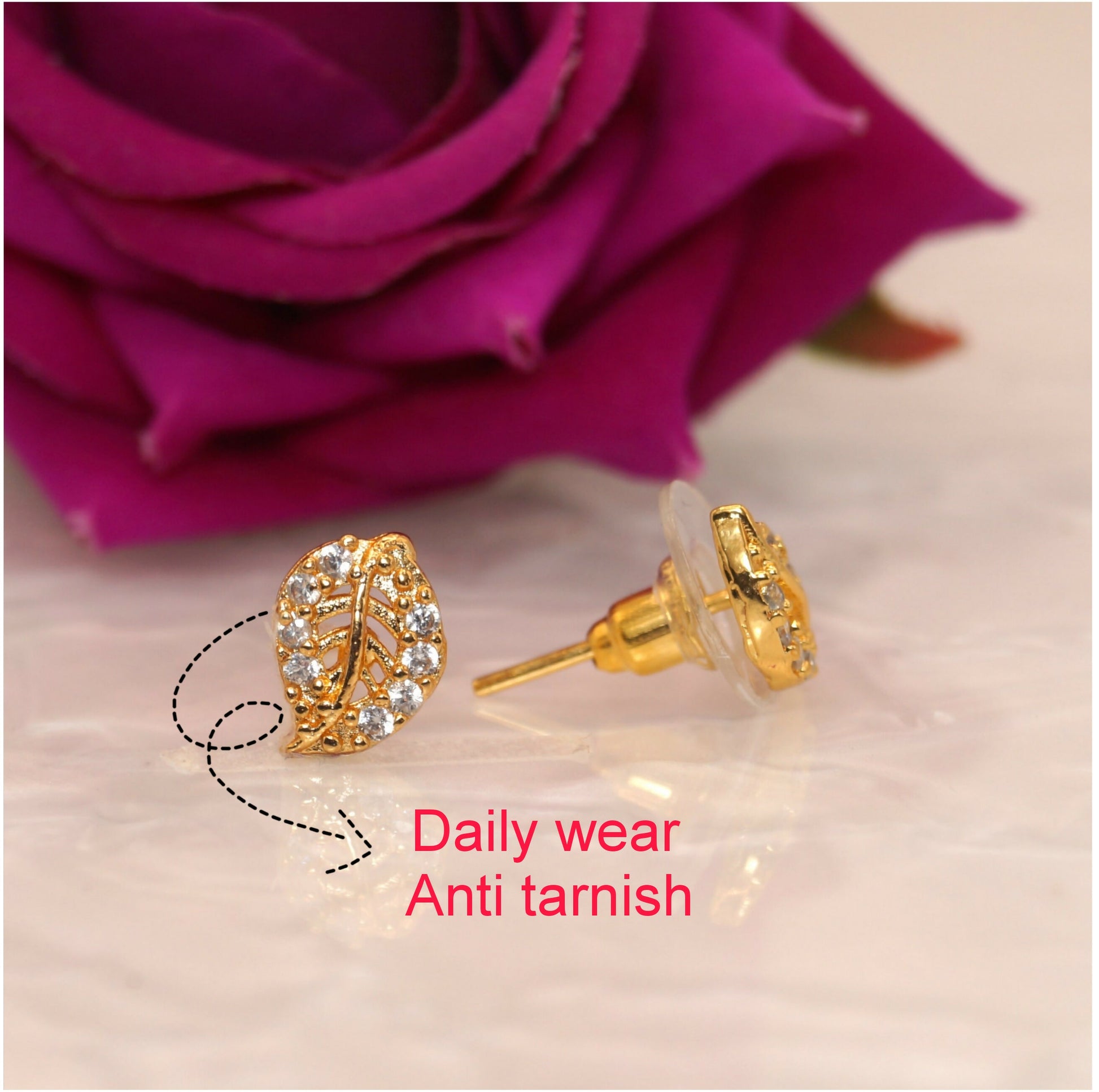 Gold-Plated Leaf Stud Earrings with AD | Nature-Inspired Jewelry for women & girls